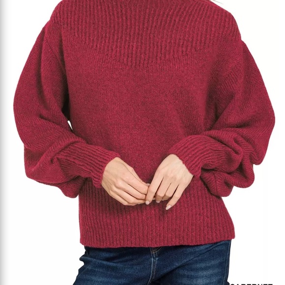 Zenana Mock Neck Balloon Sleeve Pink Sweater - Picture 6 of 8